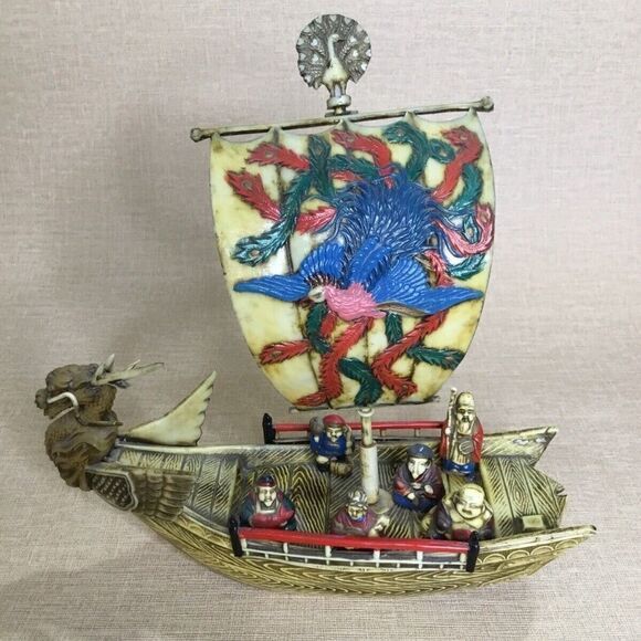 Vintage Antique Japanese Celluloid Six Lucky Gods on Dragon Boat Flaws